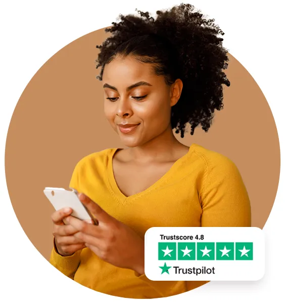 A smiling young woman looking at her smartphone with a Trustpilot 4.8-star rating badge overlay.